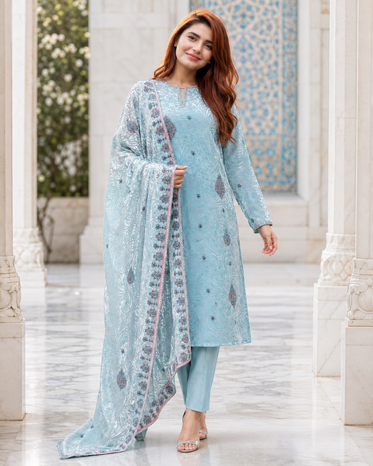 Ice Blue Embroidered Palachi 3 Piece Unstitched Suit