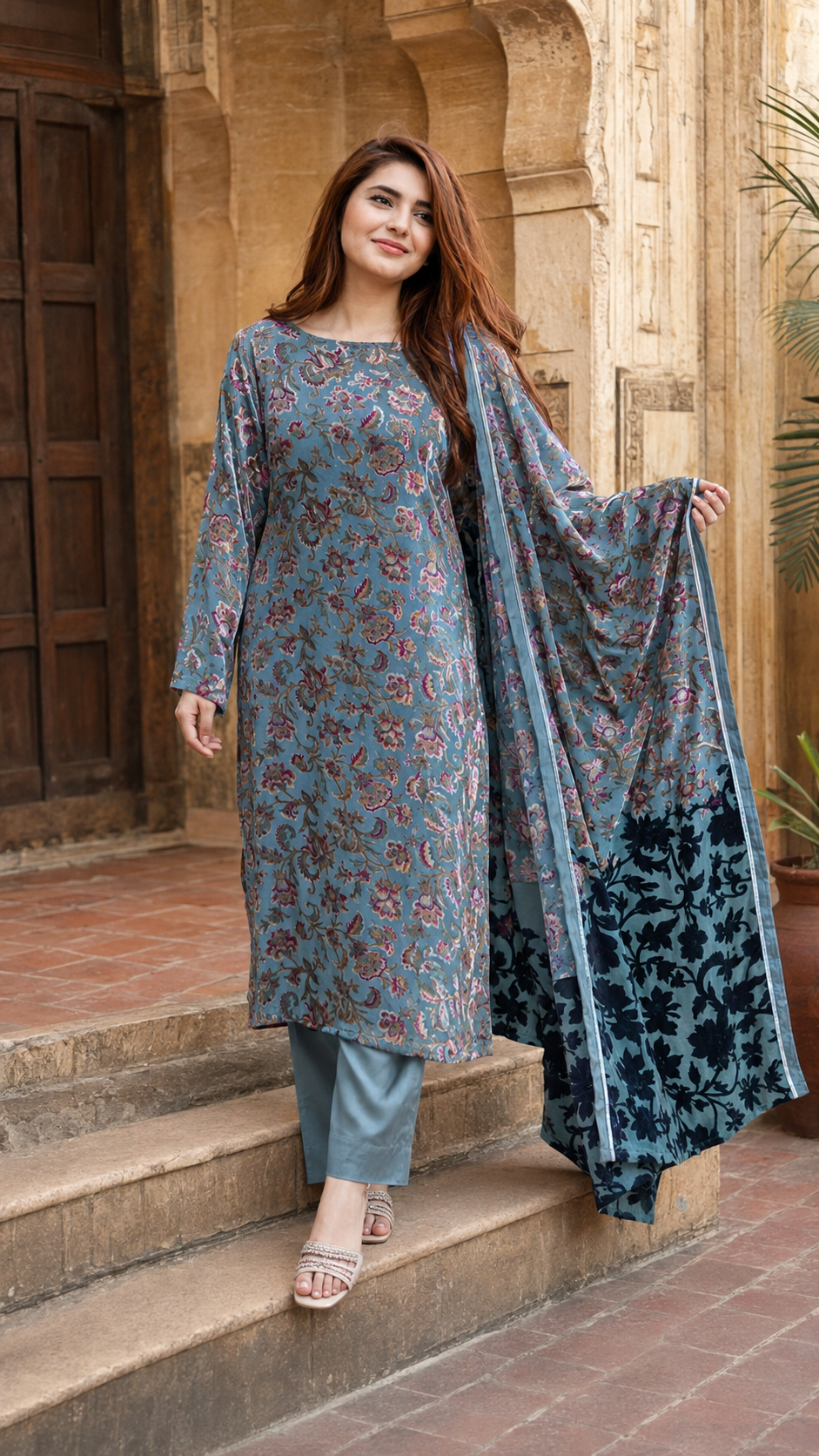 Dusty Blue Floral Palachi 3 Piece Unstitched Suit