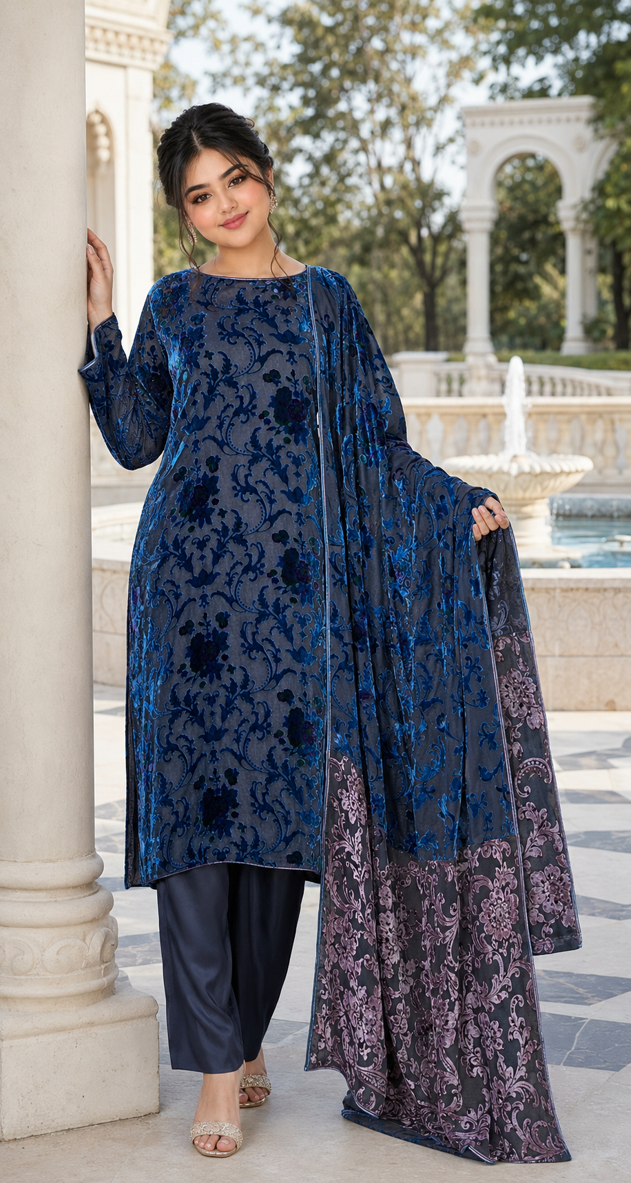 Midnight Blue Floral Palachi 3 Piece Unstitched Suit