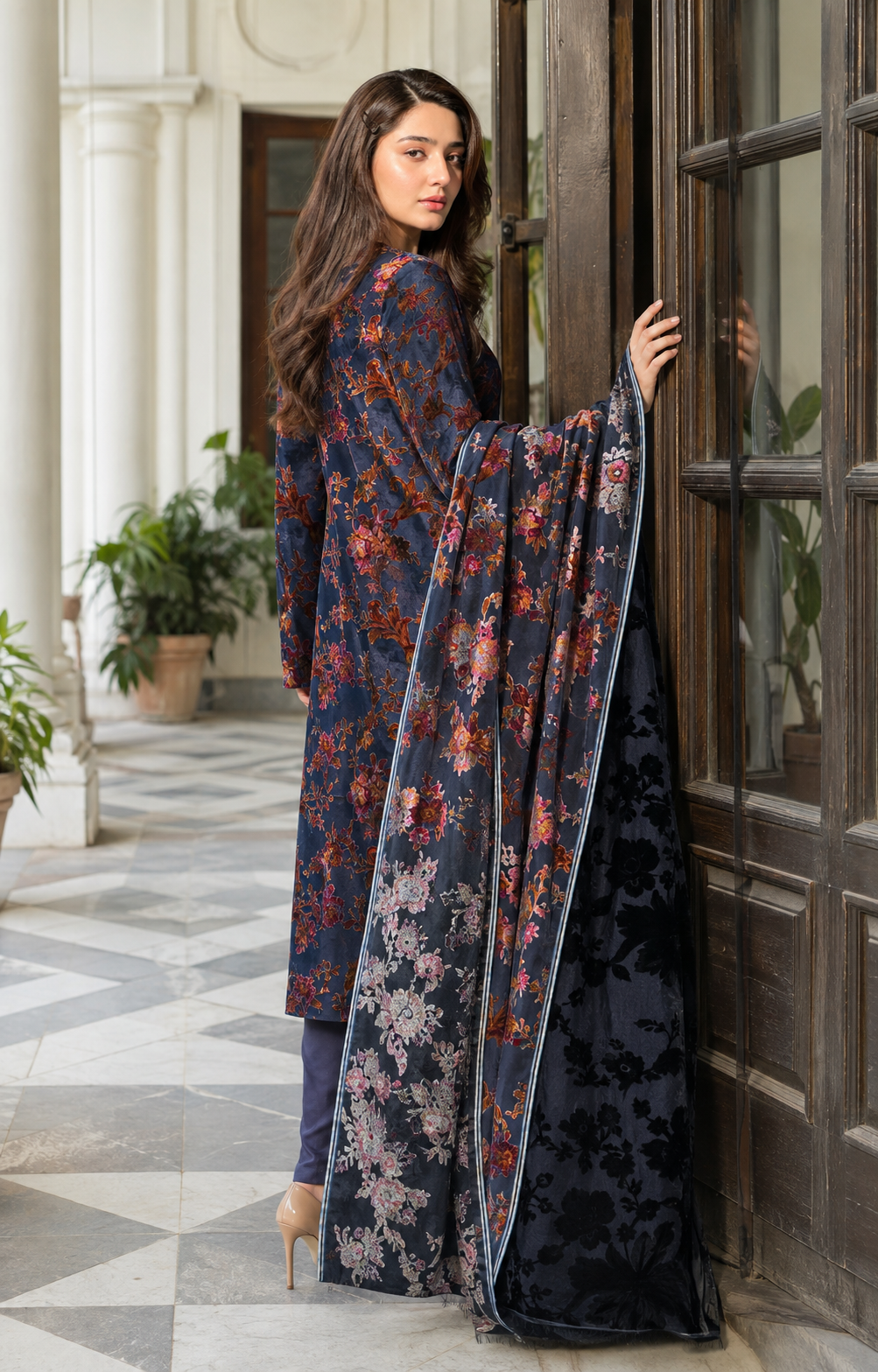 Slate Blue Floral Palachi 3 Piece Unstitched Suit