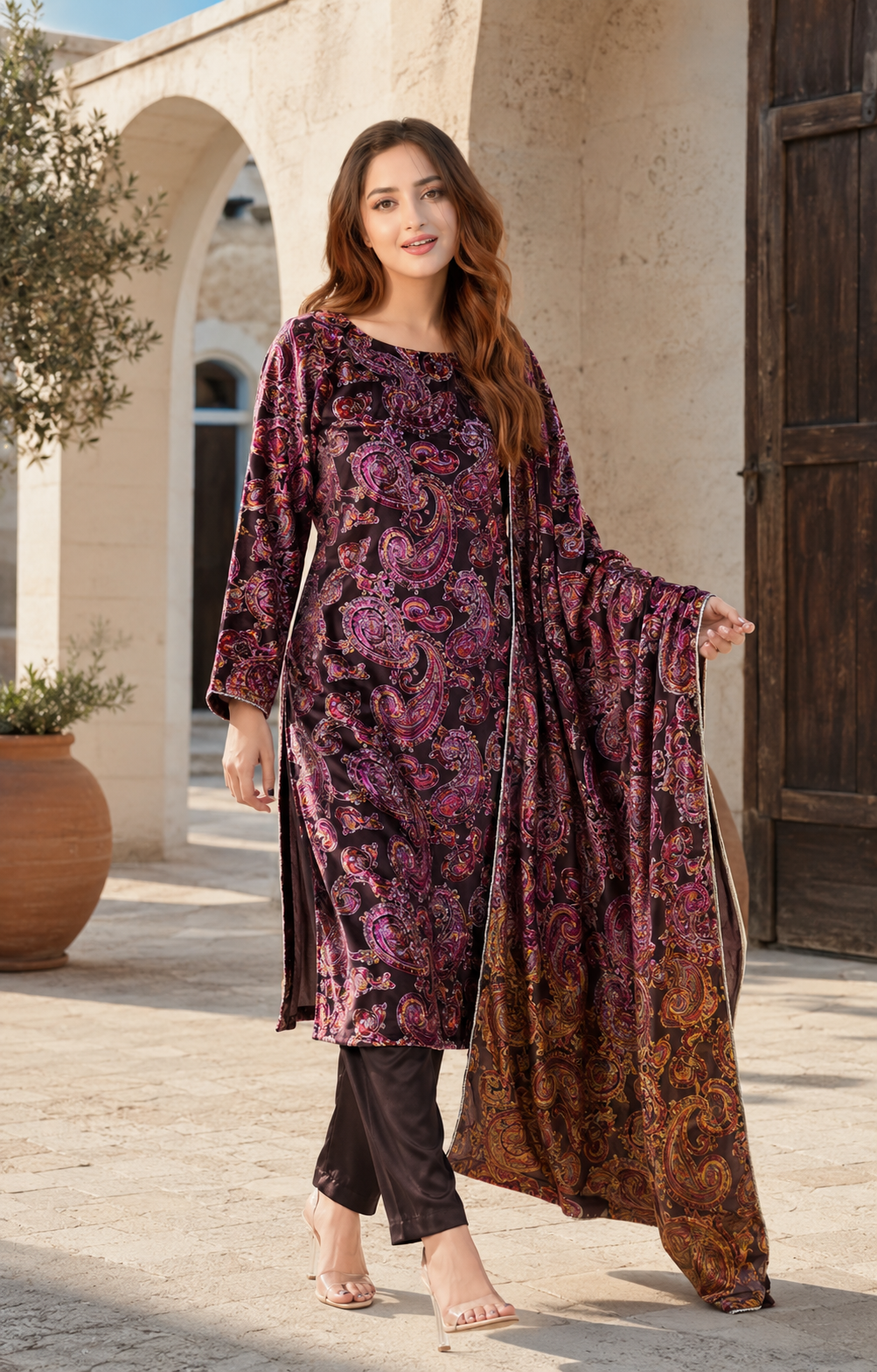 Espresso Brown Paisley Palachi 3 Piece Unstitched Suit