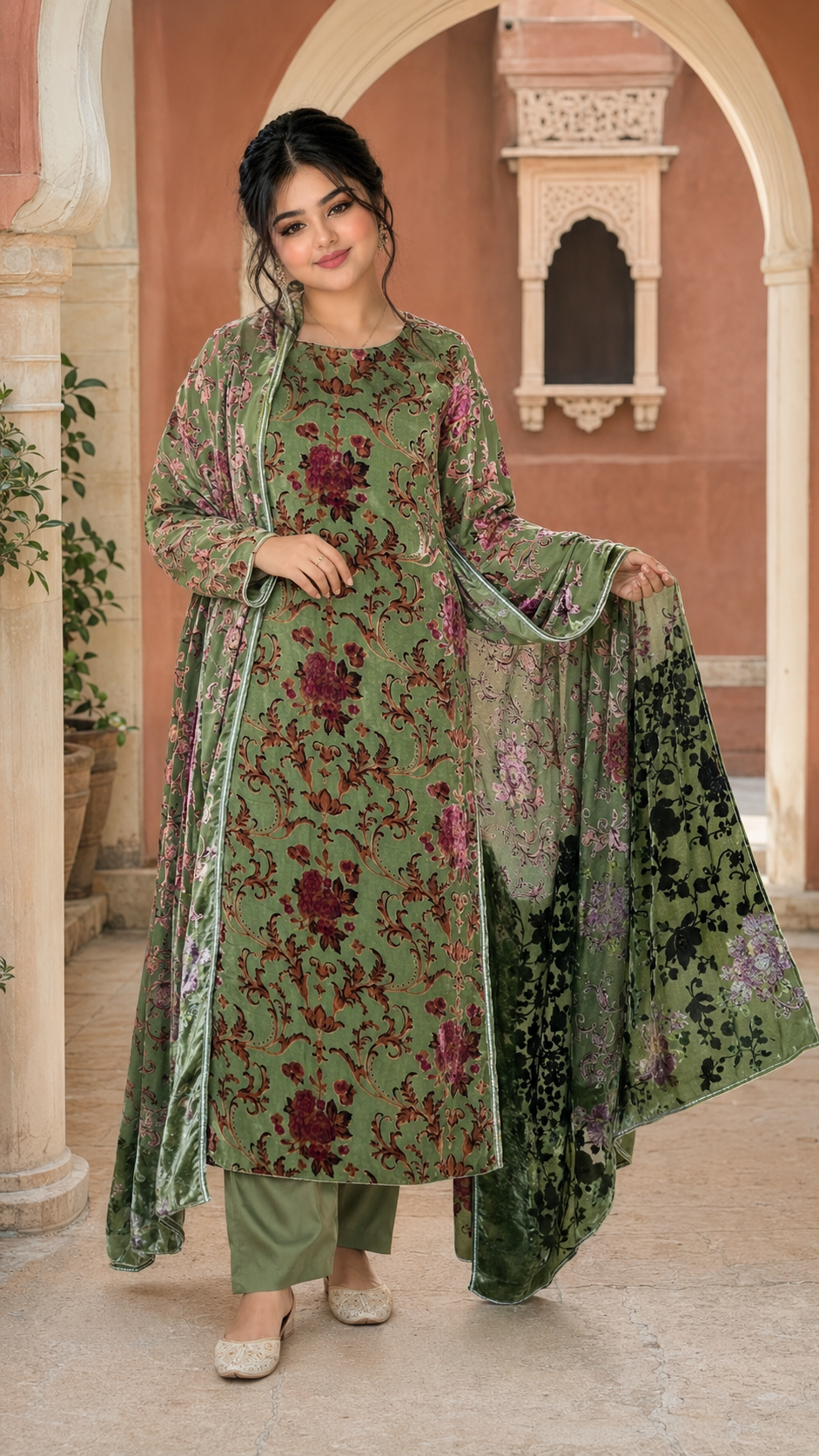 Sage Green Floral Palachi 3 Piece Unstitched Suit