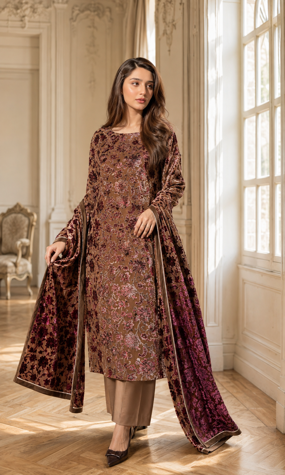 Mocha Brown Floral Palachi 3 Piece Unstitched Suit
