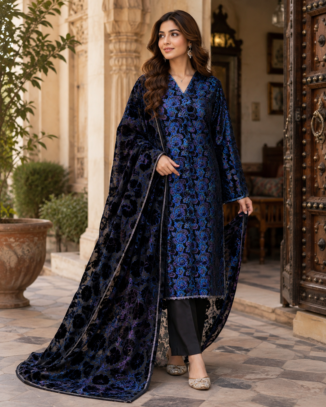 Midnight Blue &amp; Royal Blue Floral Palachi 3 Piece Unstitched Suit
