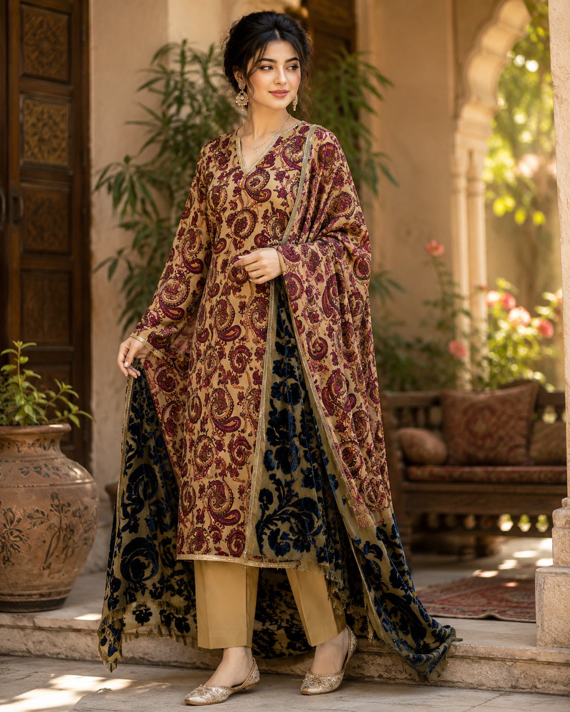 Beige &amp; Burgundy Paisley Palachi 3 Piece Unstitched Suit