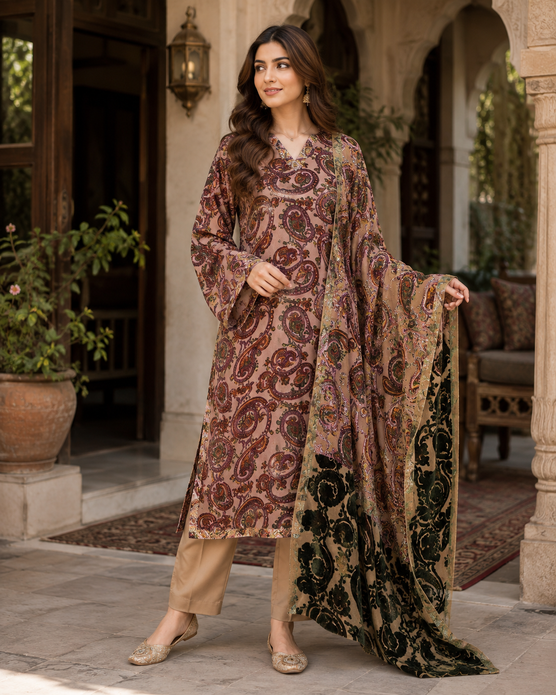 Dusty Rose &amp; Plum Paisley Palachi 3 Piece Unstitched Suit