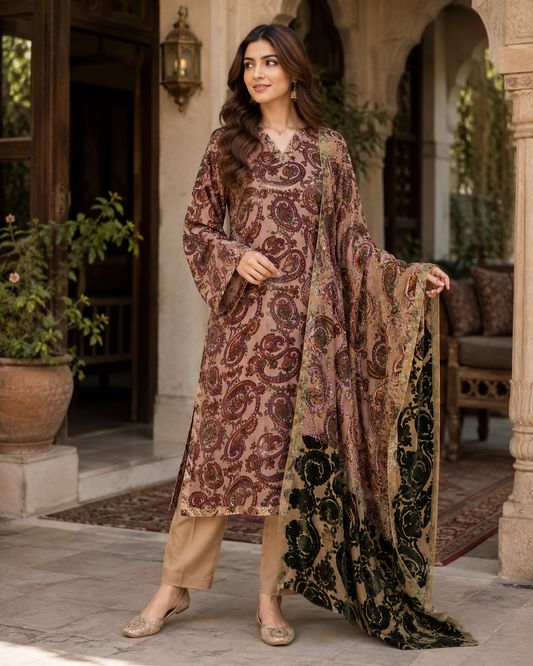 Dusty Rose &amp; Plum Paisley Palachi 3 Piece Unstitched Suit