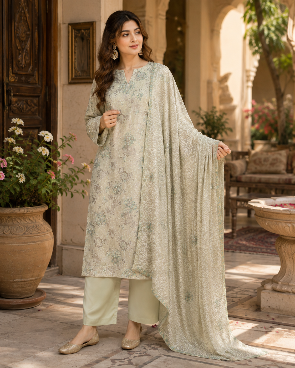 Mint Ivory Floral China Pati Silk 3 Piece Unstitched Suit