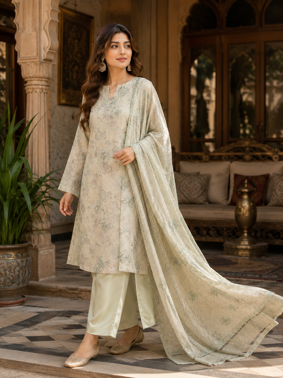 Mint Ivory Floral China Pati Silk 3 Piece Unstitched Suit