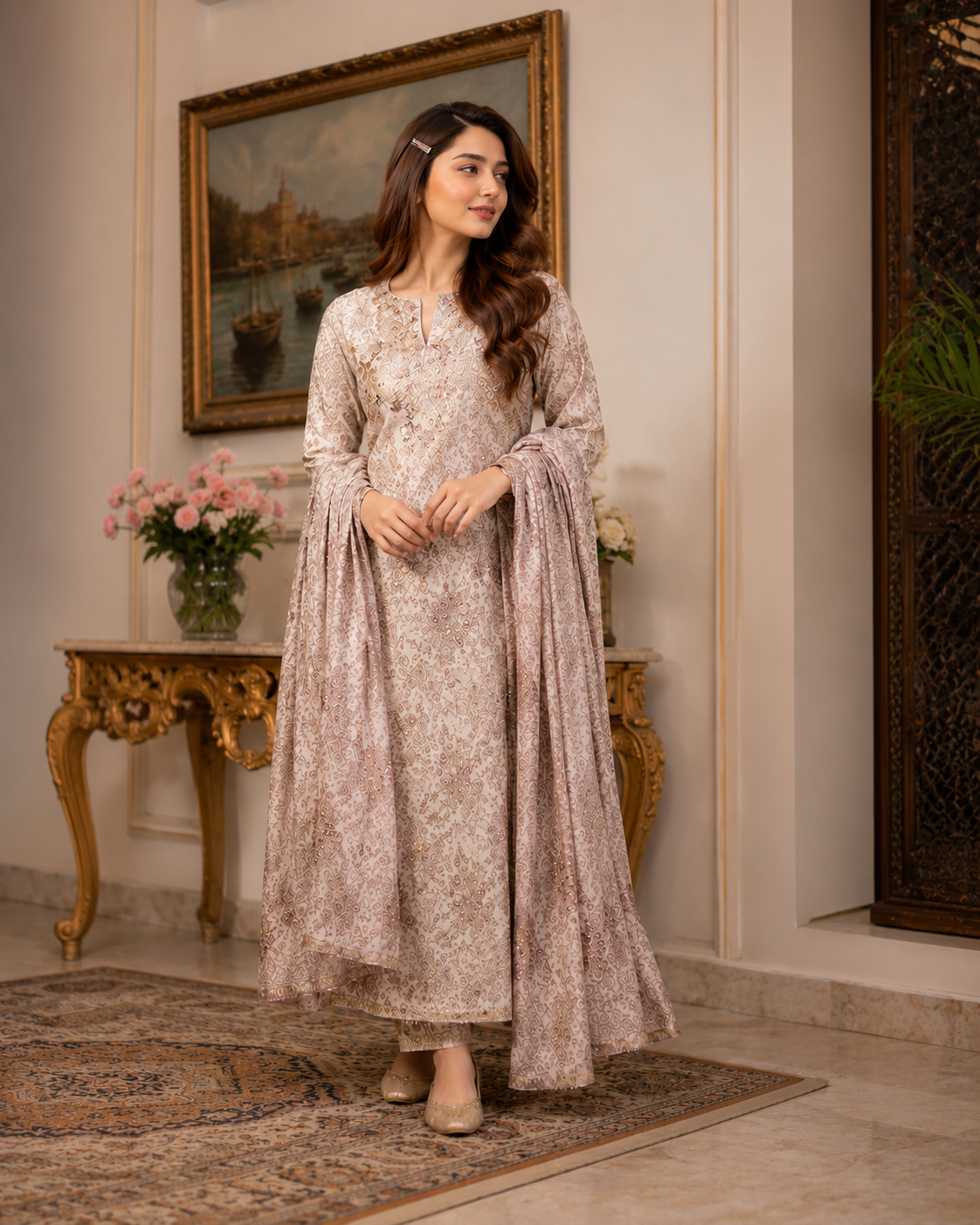 Blush Champagne Floral China Pati Silk 3 Piece Unstitched Suit