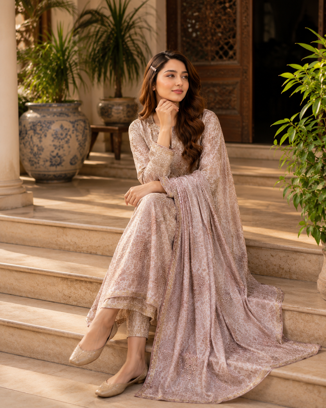 Blush Champagne Floral China Pati Silk 3 Piece Unstitched Suit