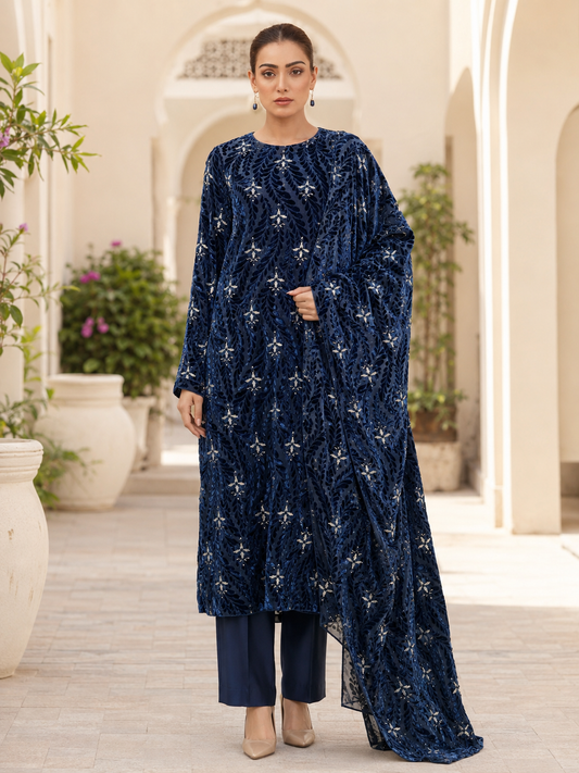 Zinc Blue Embroidered Palachi 3 Piece Unstitched Suit