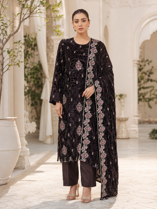 Brown Embroidered Palachi 3 Piece Unstitched Suit