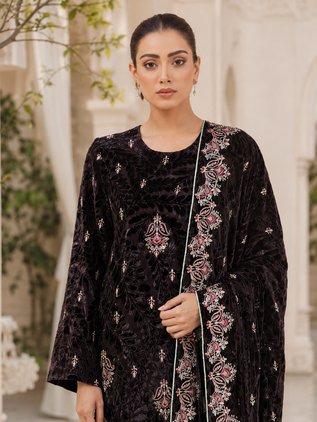 Brown Embroidered Palachi 3 Piece Unstitched Suit