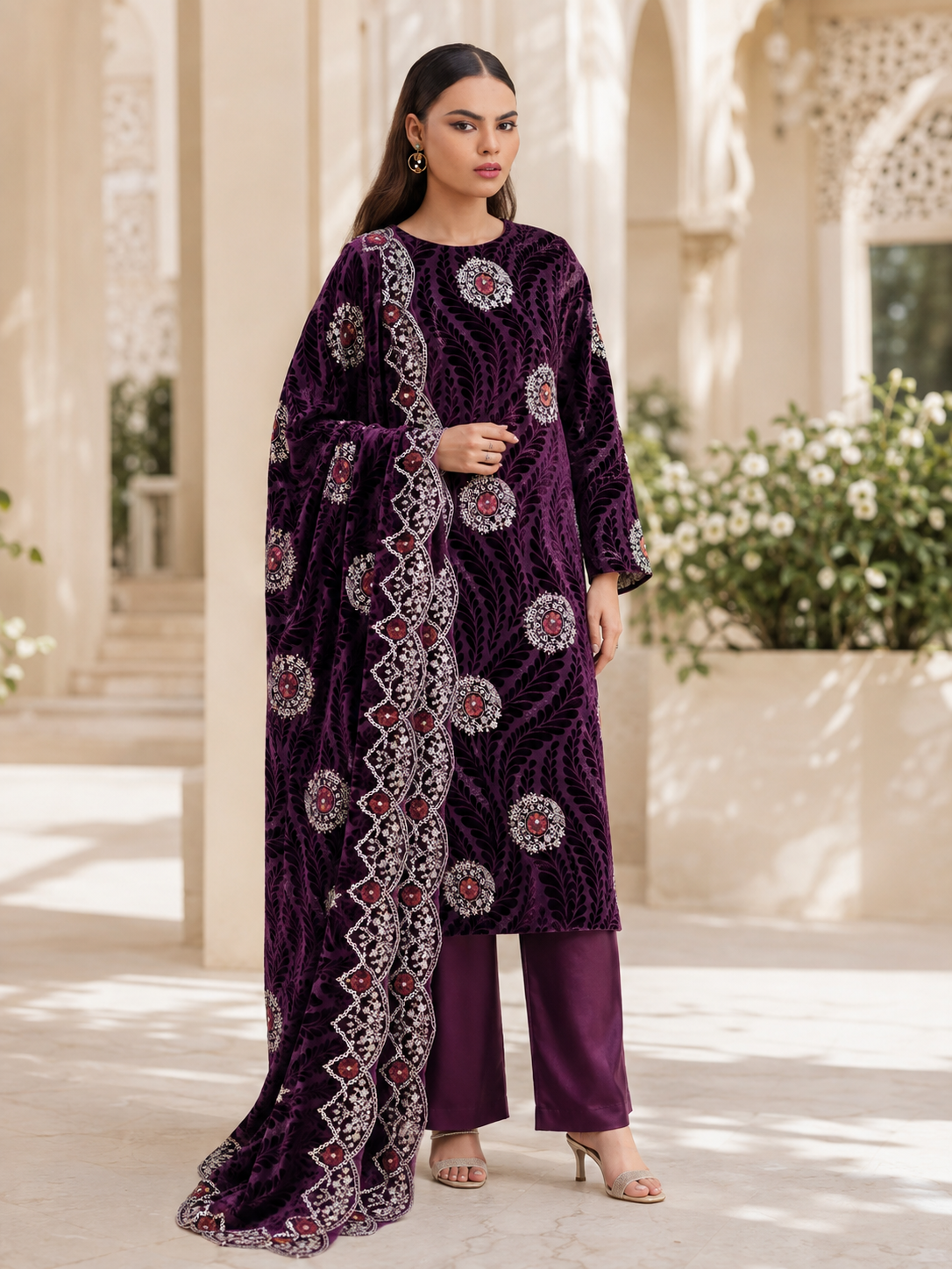 Plum Embroidered Palachi 3 Piece Unstitched Suit