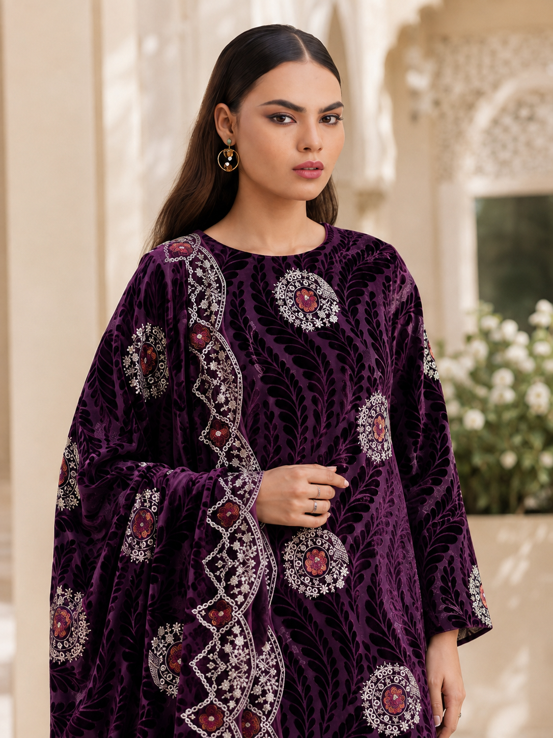 Plum Embroidered Palachi 3 Piece Unstitched Suit