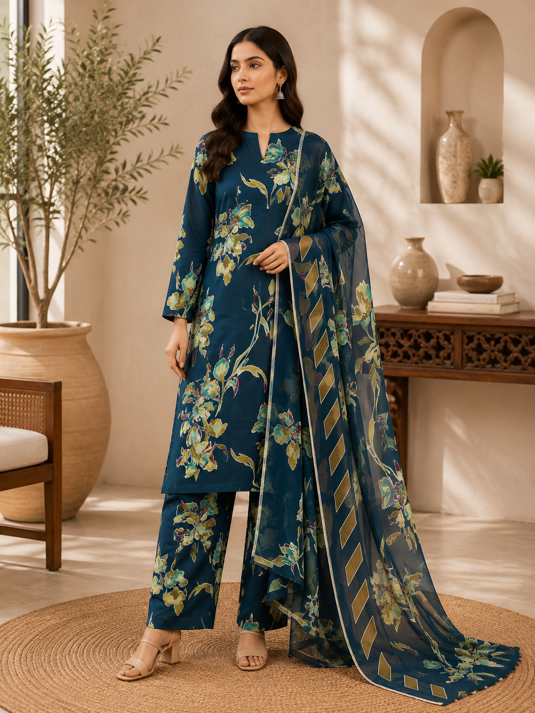 3 Piece Unstitched Barosha Silk Suit – Deep Teal Floral