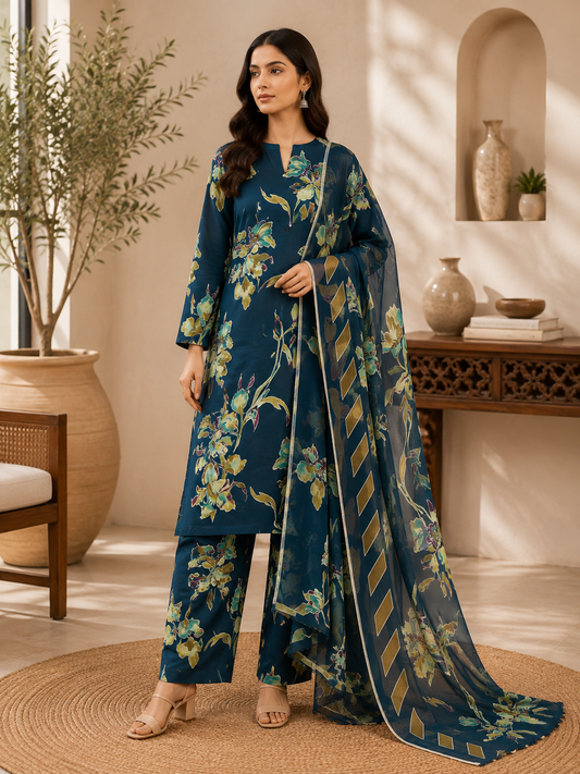 3 Piece Unstitched Barosha Silk Suit – Deep Teal Floral