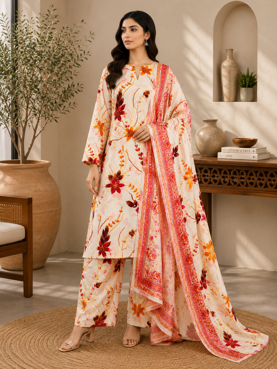 3 Piece Unstitched Barosha Silk Suit – Ivory Sunset Bloom