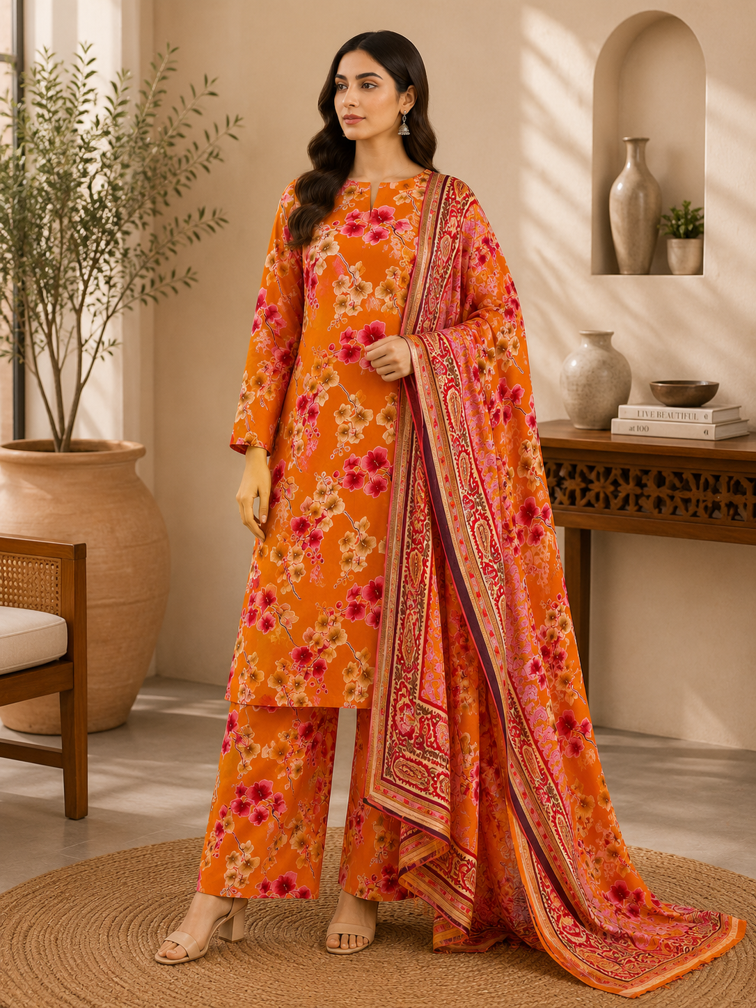 3 Piece Unstitched Barosha Silk Suit – Sunset Orange Blossom