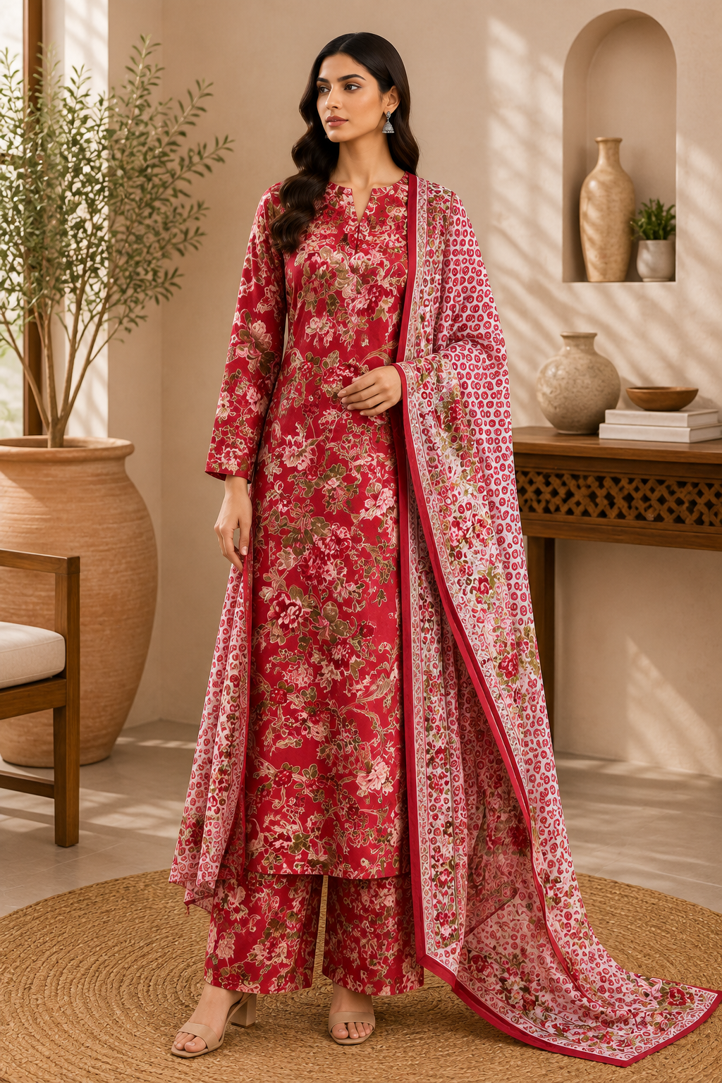 3 Piece Unstitched Barosha Silk Suit – Ruby Crimson Blossom
