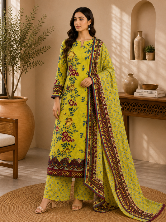 3 Piece Unstitched Barosha Silk Suit – Golden Lime Garden