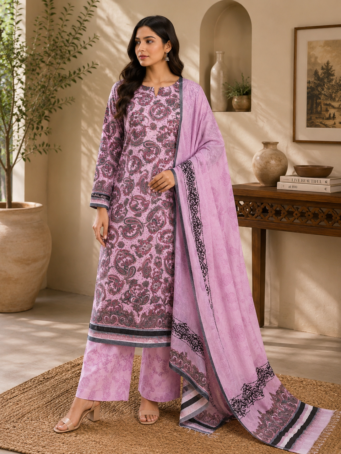 3 Piece Unstitched Printed Marina Suit – Lavender Paisley