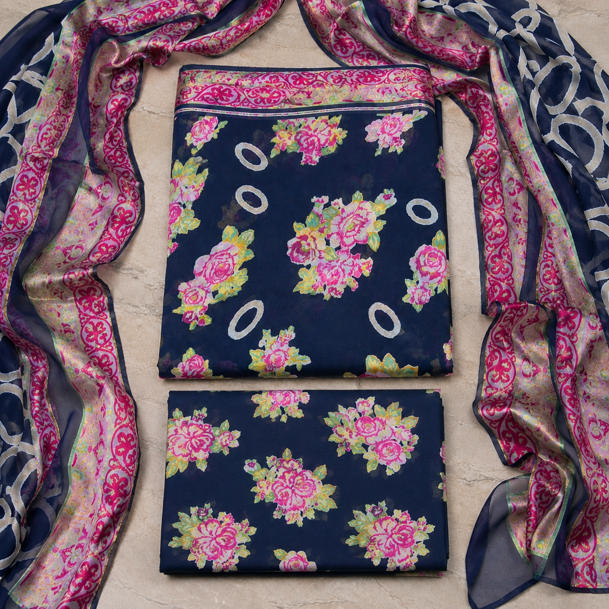 3 Piece Unstitched Barosha Silk Suit – Midnight Blue Floral