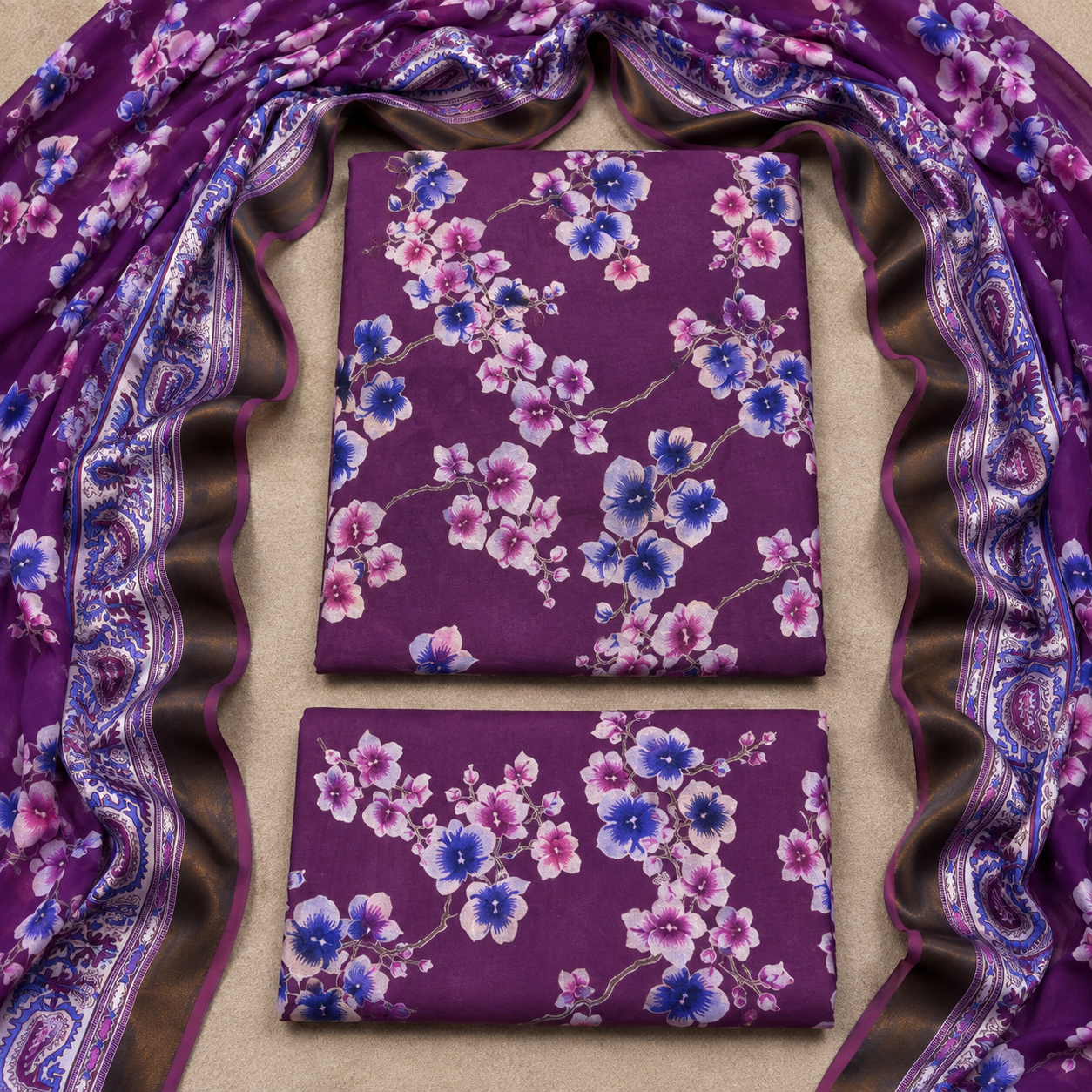 3 Piece Unstitched Barosha Silk Suit – Royal Amethyst Blossom