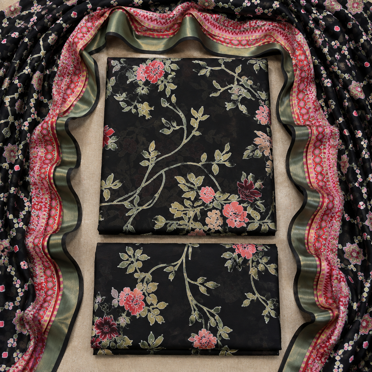 3 Piece Unstitched Barosha Silk Suit – Midnight Noir Floral