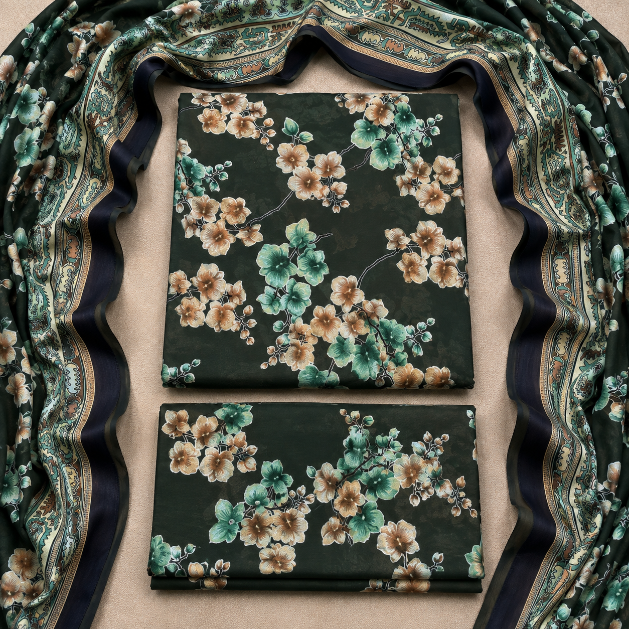 3 Piece Unstitched Barosha Silk Suit – Emerald Forest Floral