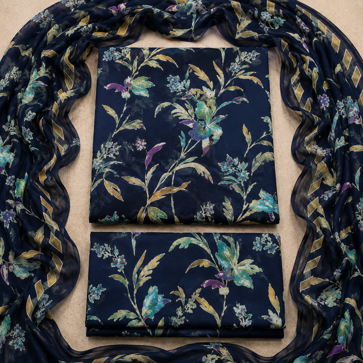 3 Piece Unstitched Barosha Silk Suit – Deep Teal Floral