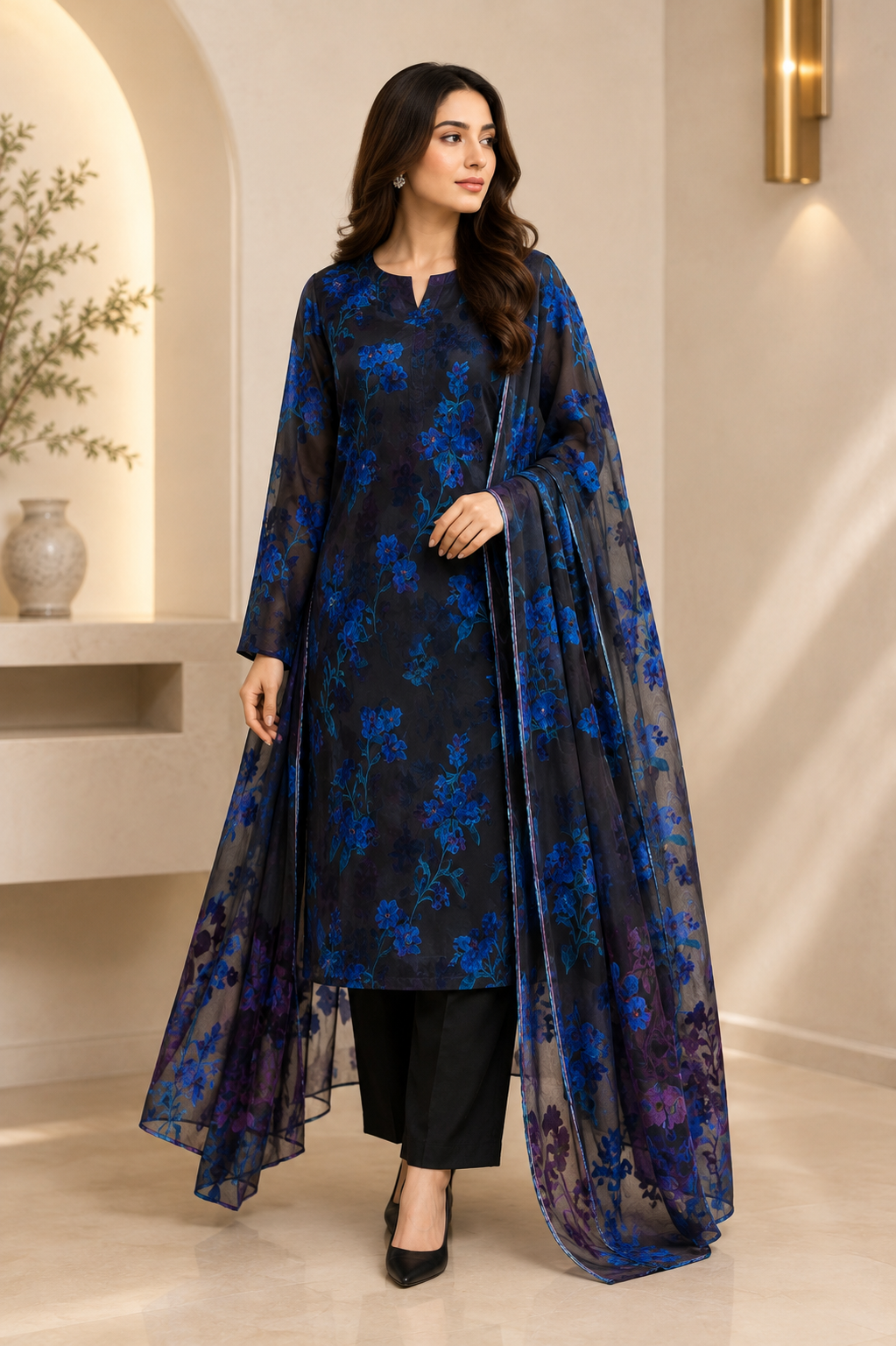 Black and Royal Blue Floral Palachi 3 Piece Unstitched Suit
