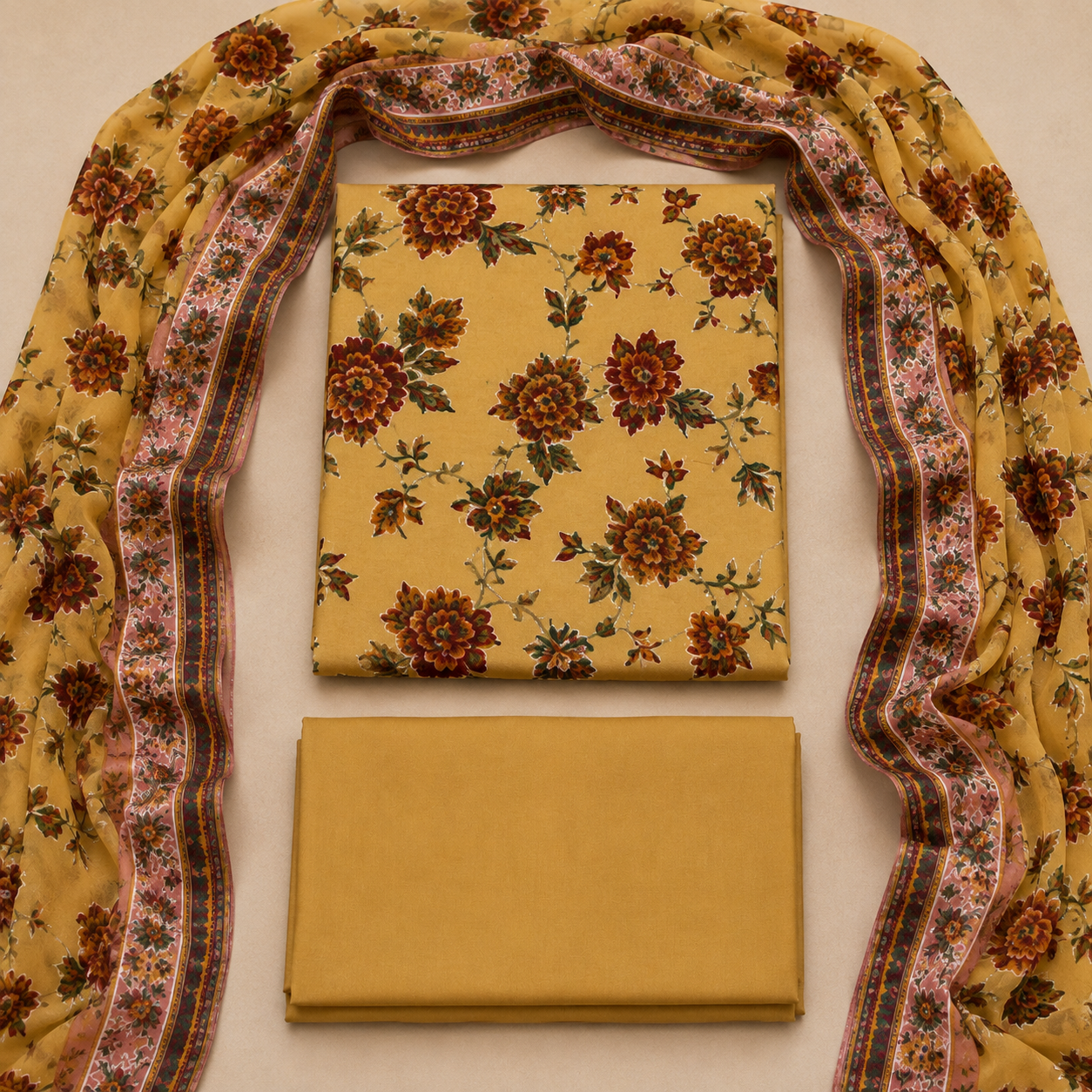 Mustard Floral Palachi 3 Piece Unstitched Suit
