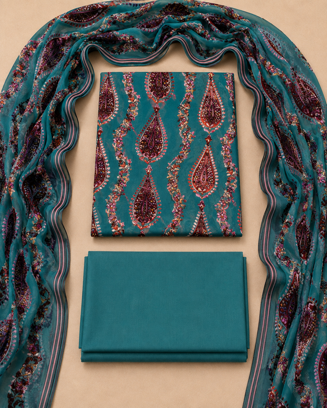 Teal Blue Printed Palachi 3 Piece Unstitched Suit
