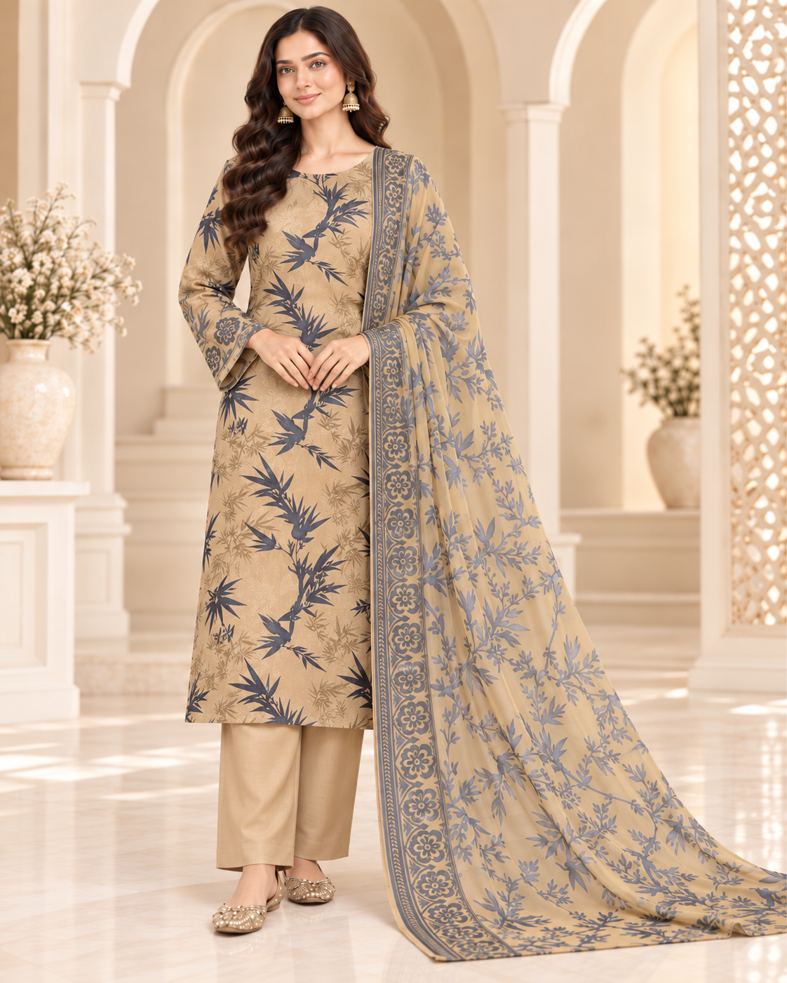 Champagne Beige Pure China Patti Silk 3 Piece Unstitched Suit