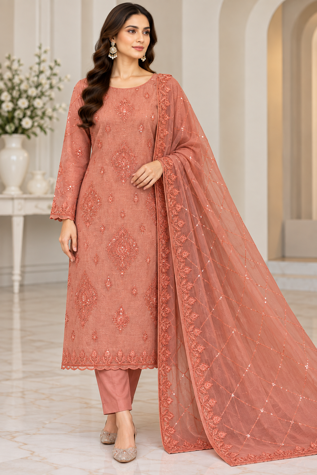 Dusty Coral Tonal Embroidered Khadi Net Measuri 3 Piece Unstitched Suit