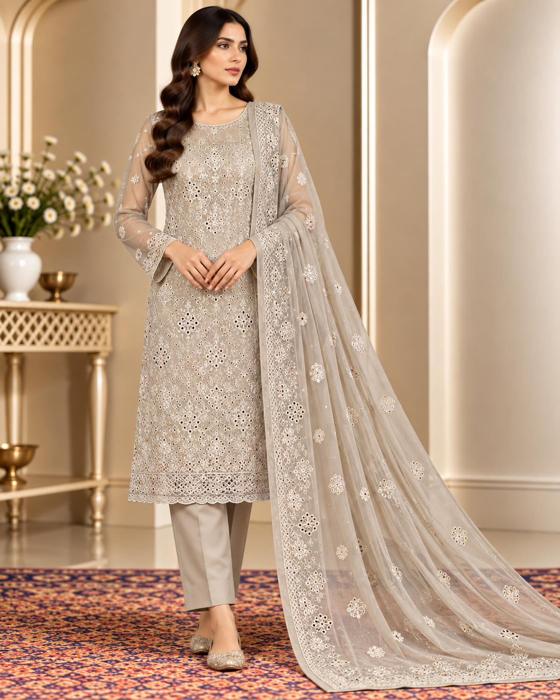 Champagne Taupe Ivory Embroidered Khadi Net Measuri 3 Piece Unstitched Suit