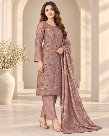 Mocha Mauve Embroidered Ambose Silk 3-Piece Unstitched Suit