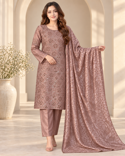 Mocha Mauve Embroidered Ambose Silk 3-Piece Unstitched Suit