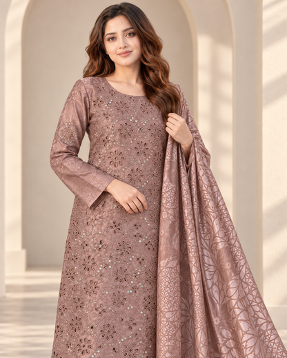 Mocha Mauve Embroidered Ambose Silk 3-Piece Unstitched Suit