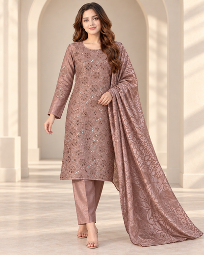 Mocha Mauve Embroidered Ambose Silk 3-Piece Unstitched Suit