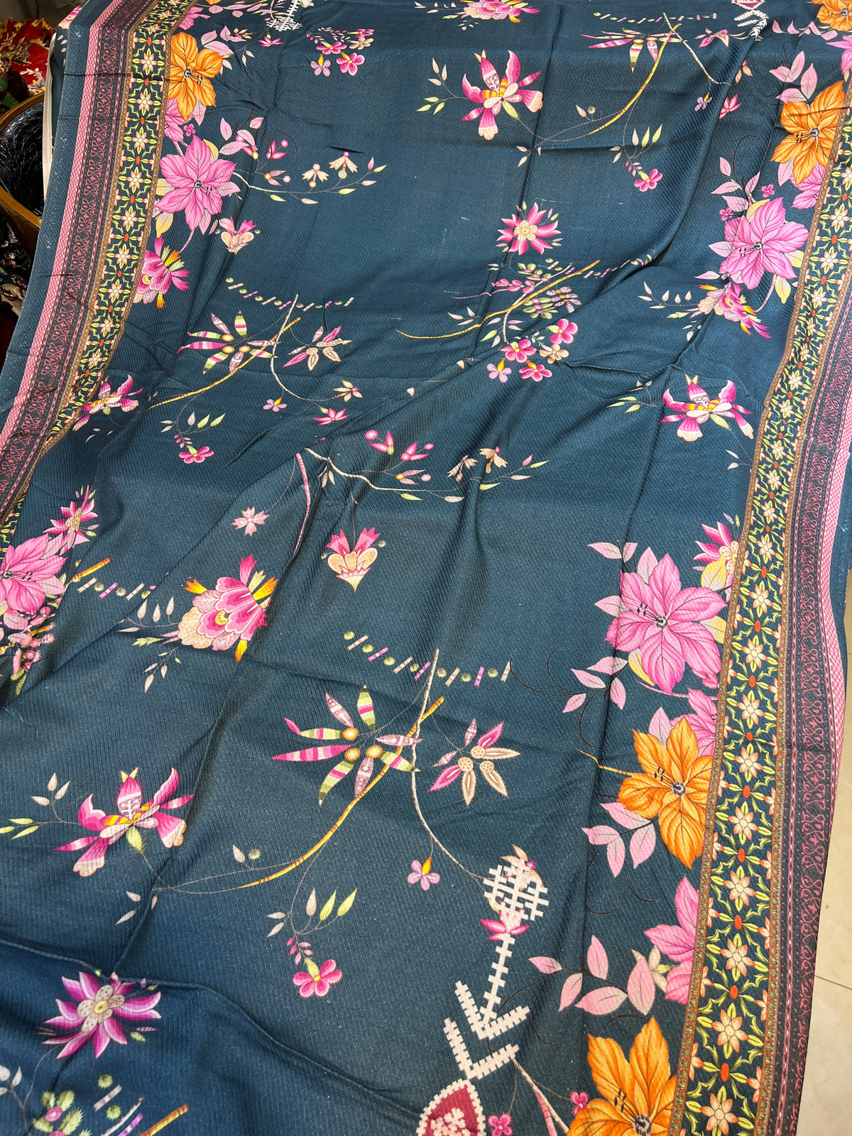 3 Piece Unstitched Printed Viscose Suit with Ribbon Wool Dupatta – Dark Teal Floral