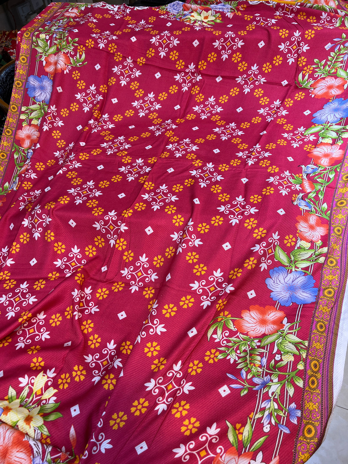 Deep Red Printed Viscose 3-Piece Unstitched Suit | Sale