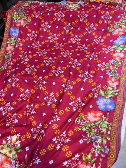 Deep Red Printed Viscose 3-Piece Unstitched Suit | Sale