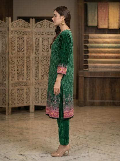 3-Piece Unstitched Micro Phoenix Print Velvet Suit – Deep Emerald Green