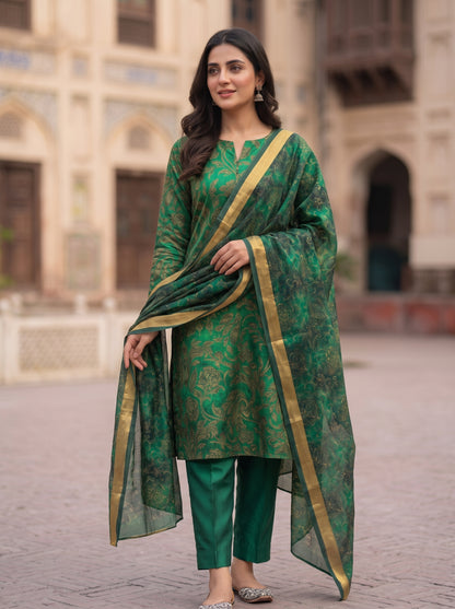 Premium Three-Piece Unstitched Shamoz Silk Outfit