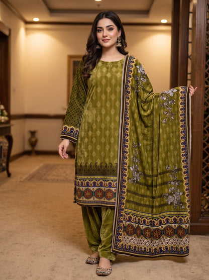 Lush Drape Micro Phoenix Printed Velvet 3-Piece Suit - Unstitched