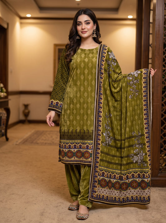 Lush Drape Micro Phoenix Printed Velvet 3-Piece Suit - Unstitched