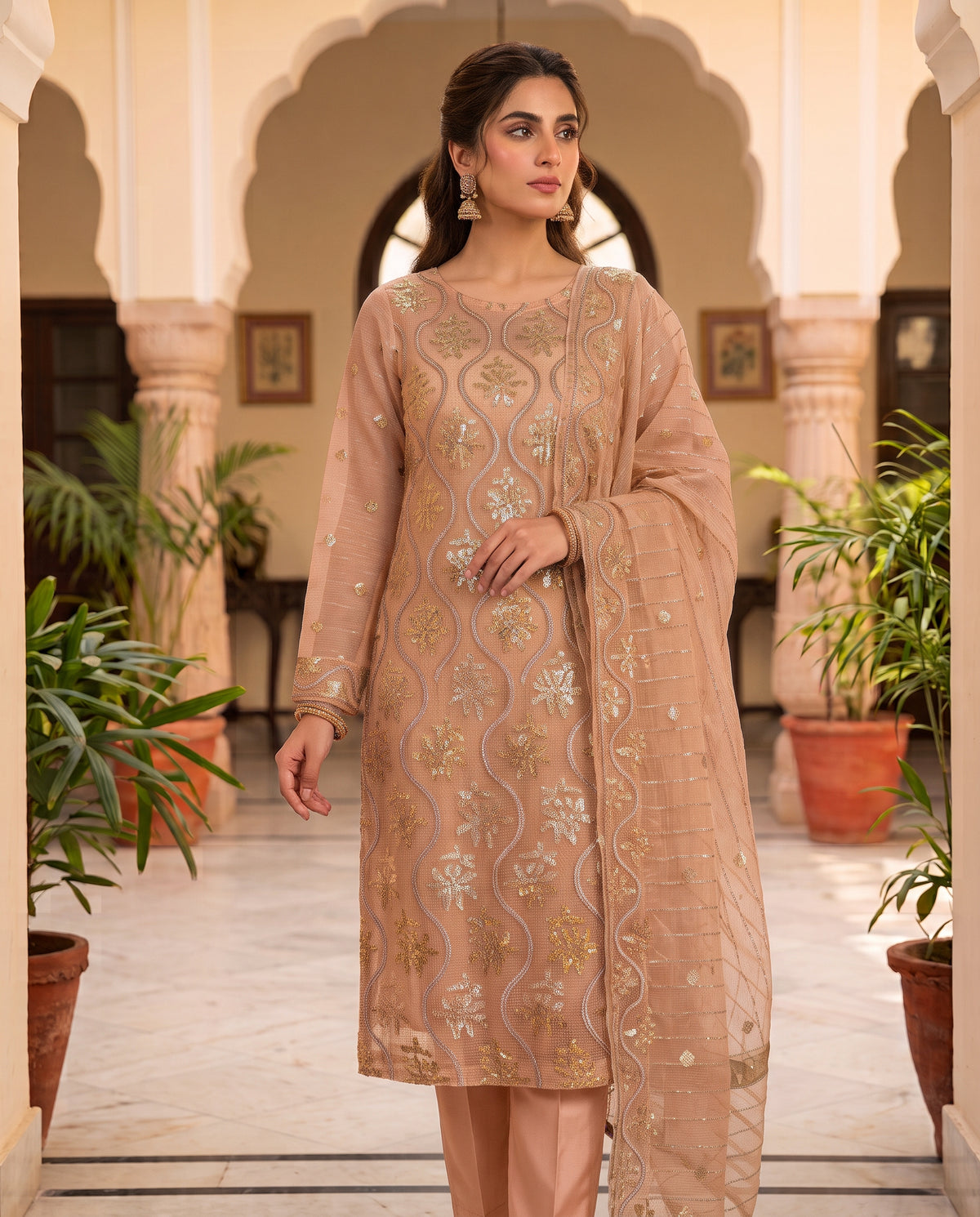 Embroidered Chiffon Style Zari Masuri Cotton Net Ensemble